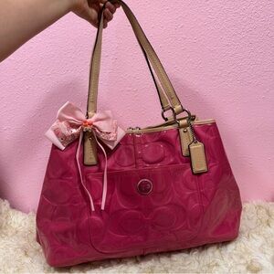 Coach Pink Patent Shoulder Tote with Tan Straps and Bow